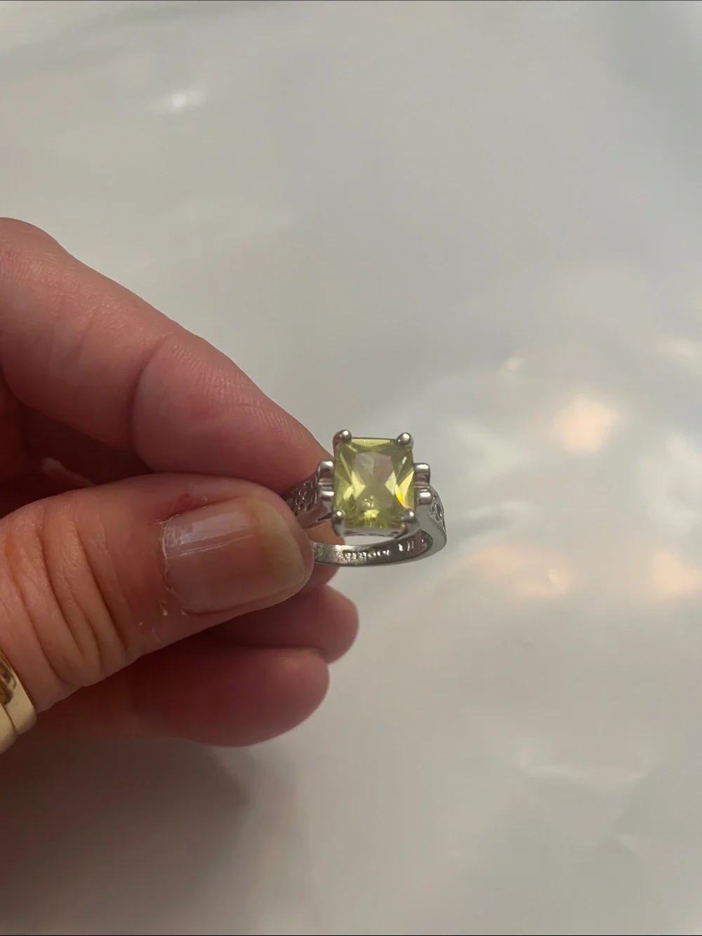 Lia Sophia Silver Ring with Square Lemon-Green Stone